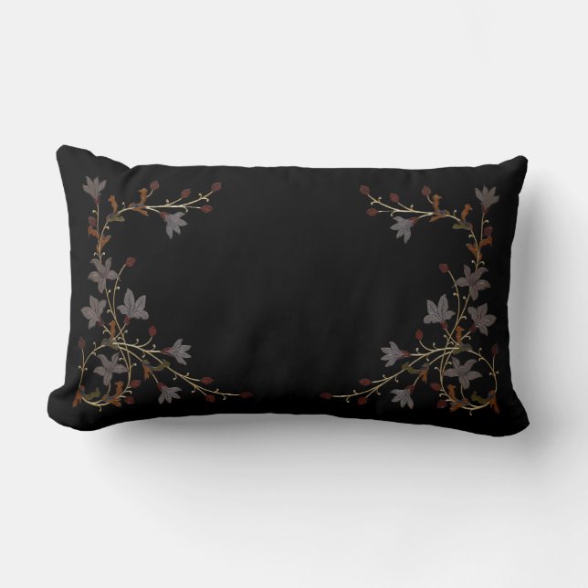 Art Deco Flowers On Black Lumbar Pillow (Front)