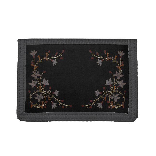 Art Deco Flowers On Black Trifold Wallet (Front)