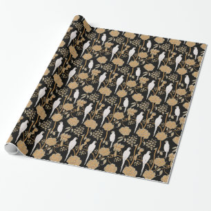 ART DECO FLOWERS,WHITE PARROTS ON BLACK WRAPPING PAPER
