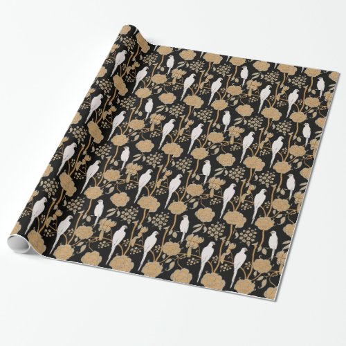 ART DECO FLOWERSWHITE PARROTS ON BLACK WRAPPING PAPER