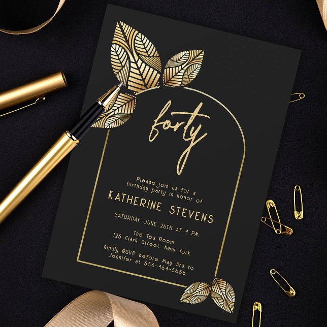 Art Deco Foliage Gold Boho Botanical 40th Birthday Invitation (art deco gold black botanical leaf 40th birthday invitation card diy women gatsby roaring 20s classy)