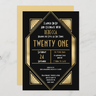 Art Deco Frame 21st Birthday Gold Black Invitation