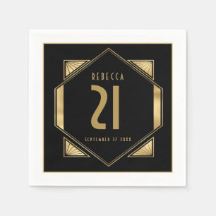 Art Deco Frame 21st Birthday Name Date Gold Black Napkins