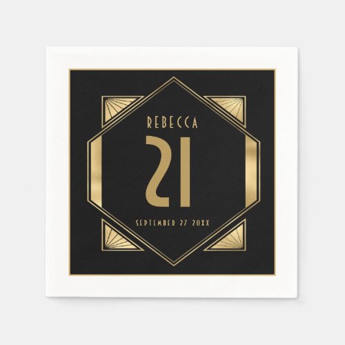 Art Deco Frame 21st Birthday Name Date Gold Black Napkins