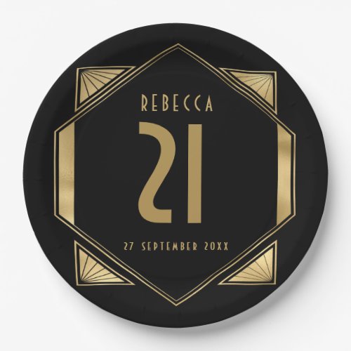 Art Deco Frame 21st Birthday Name Date Paper Plates