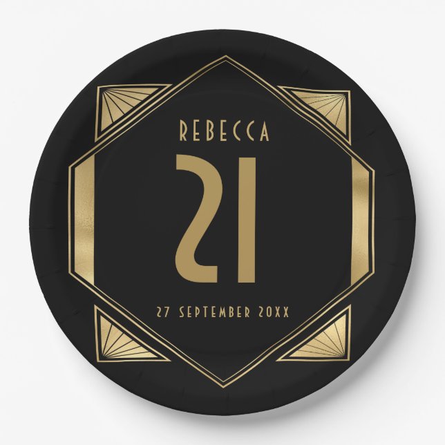 Art Deco Frame 21st Birthday Name Date Paper Plates (Front)