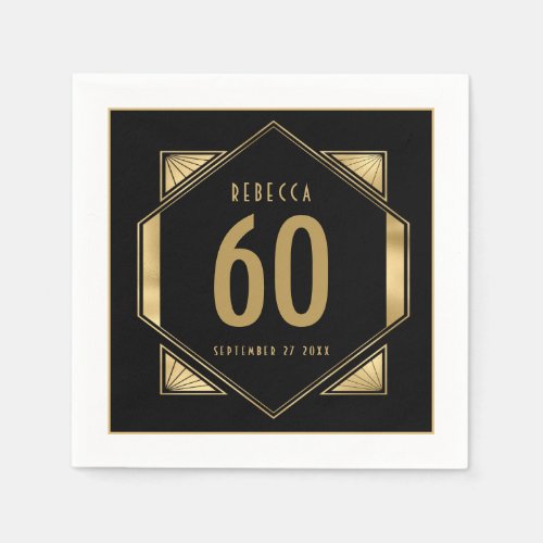Art Deco Frame 60th Birthday Name Date Gold Black Napkins