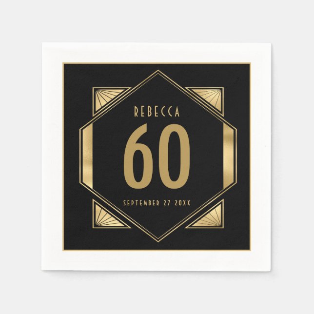 Art Deco Frame 60th Birthday Name Date Gold Black Napkins (Front)