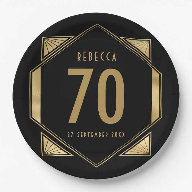 Art Deco Frame 70th Birthday Name Date Paper Plates (Front)