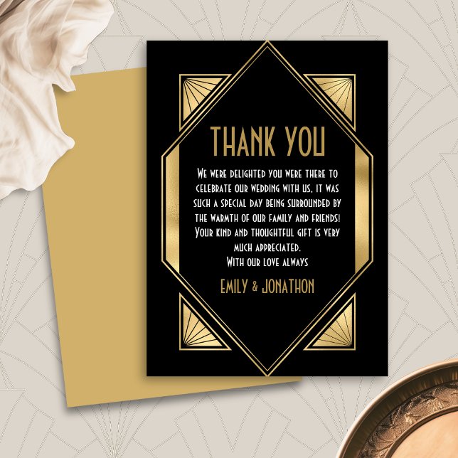 Art Deco Frame Black Gold Wedding Thank You Card (Front and back view)