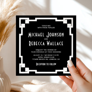 Art Deco Frame Black White All in One Wedding Invitation