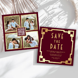Art Deco Frame Burgundy Gold QR Code Wedding Save The Date