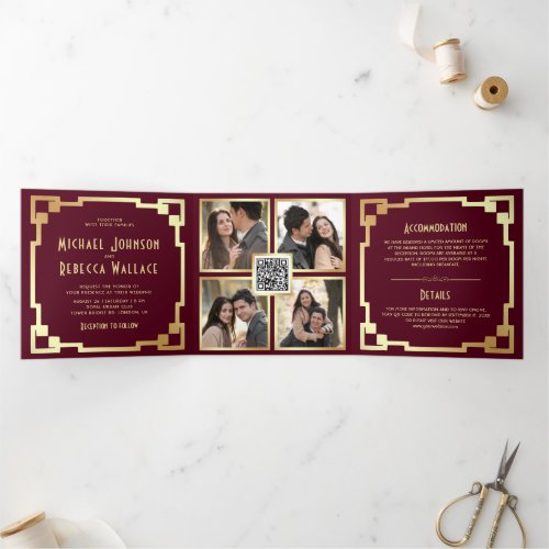 Art Deco Frame Burgundy Gold QR Code Wedding Tri_Fold Invitation