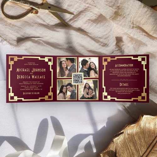 Art Deco Frame Burgundy Gold QR Code Wedding Tri_Fold Invitation