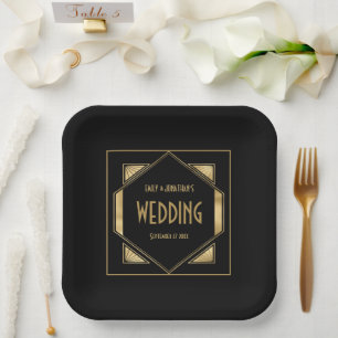 Art Deco Frame Gold Black 1920s Wedding Paper Plates