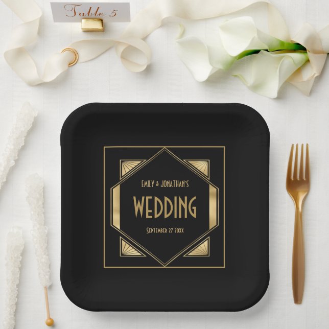 Art Deco Frame Gold Black 1920s Wedding Paper Plates (Wedding)