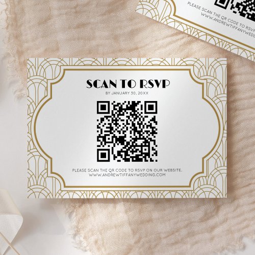 Art Deco Gatsby 1920s Wedding White Gold QR Code RSVP Card