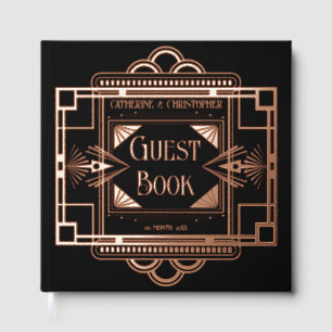Art deco Gatsby 20's black real foil rose gold Foil Guest Book