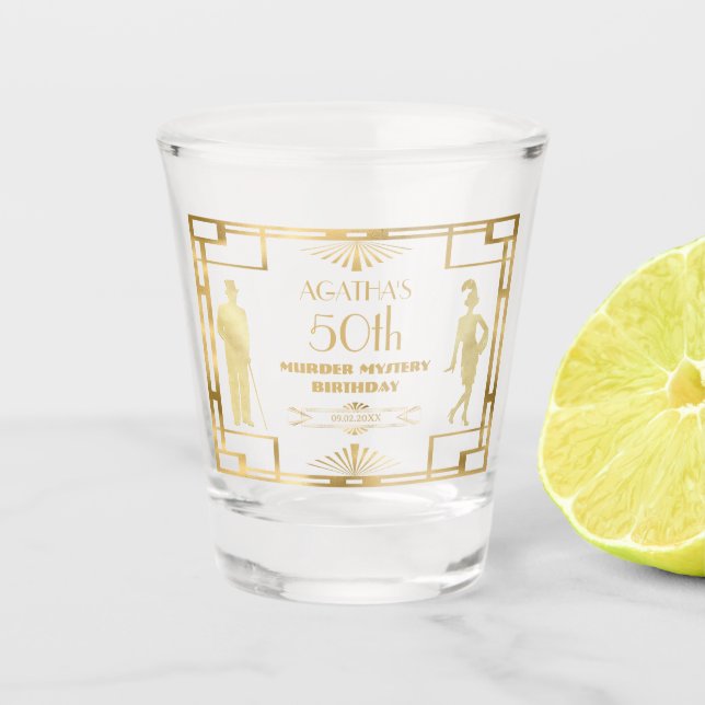 Art Deco Gatsby 20s Murder Mystery Gold Birthday Shot Glass (Front)