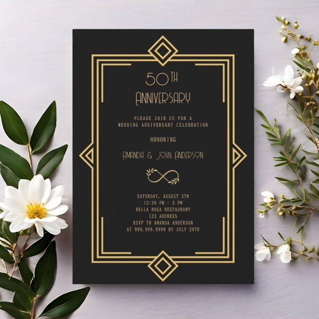 Art Deco Gatsby black 50th wedding anniversary Invitation (Creator Uploaded)
