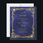 Art Deco Gatsby black 50th wedding invitation<br><div class="desc">For an elegant,  Gatsby style 50th (or any number) wedding anniversary. A black background decorated with a golden art deco style frame with flowers and the infinity sign,  loop.  Personalize and add your names and party details. 

1 sheet = 1 invitation printed edge to edge.</div>