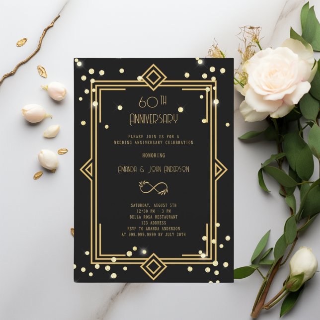 Art Deco Gatsby black  60th wedding anniversary Invitation (Creator Uploaded)