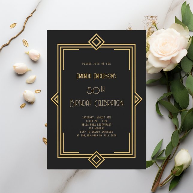 Art Deco Gatsby black gold birthday Invitation (Creator Uploaded)