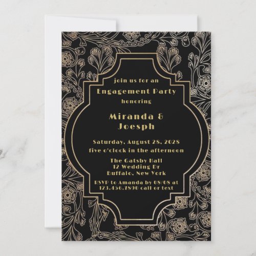 Art Deco Gatsby Black Gold Flower Engagement Party Invitation