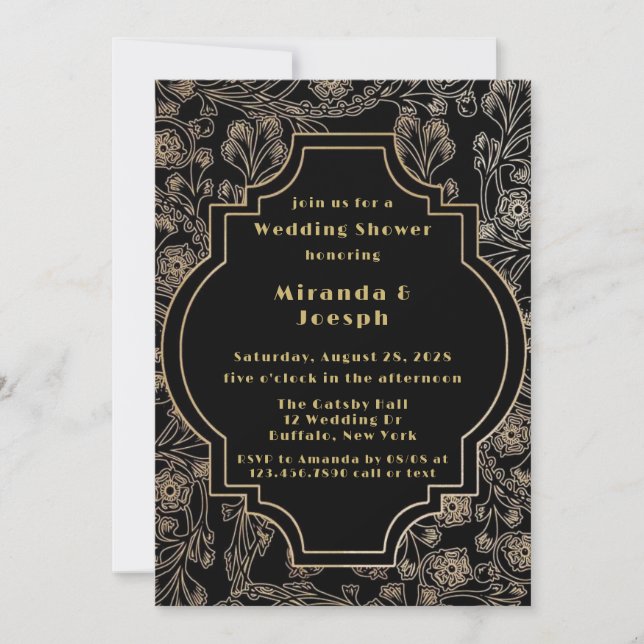 Art Deco Gatsby Black Gold Flower Wedding Shower Invitation (Front)