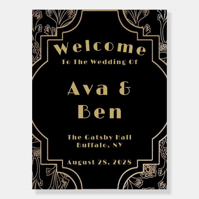 Art Deco Gatsby Black Gold Flower Welcome Sign (Front)