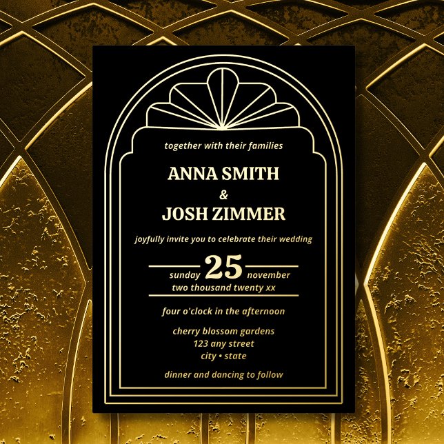 Art Deco Gatsby Black & Gold Wedding Foil Invitation (art deco great gatsby gold and black geometric wedding invitation)