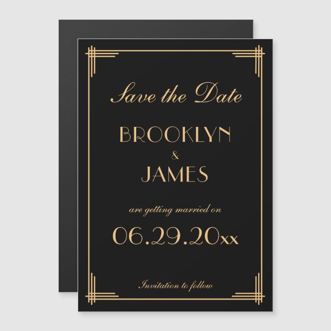 Art Deco Gatsby Black Save The Date Magnetic Invitation (Front/Back)