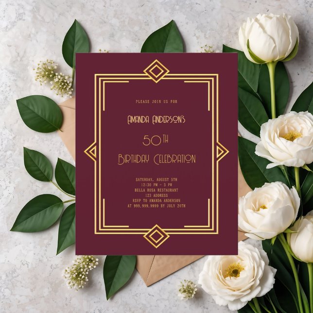Art Deco Gatsby burgundy gold birthday invitation (Creator Uploaded)