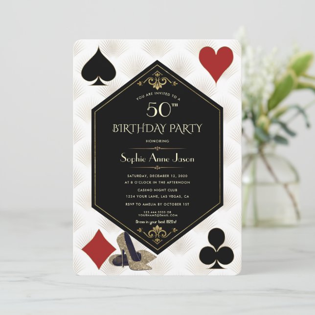 Art Deco Gatsby Casino Royale Poker Birthday Invitation (Standing Front)