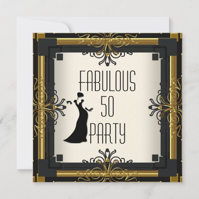 ART DECO Gatsby Fabulous 50 50th Gold Cream Black Invitation (Front)
