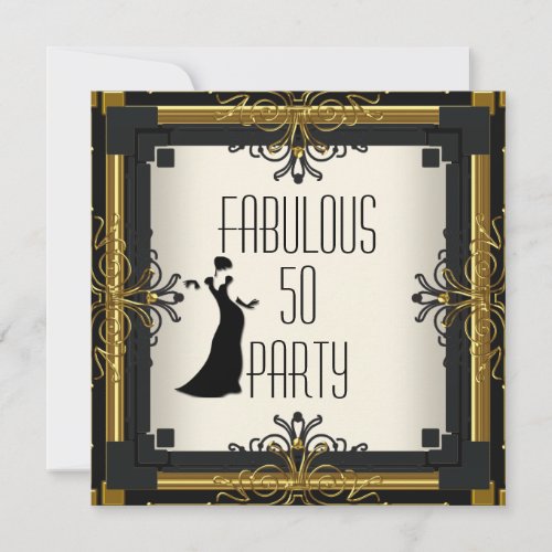 ART DECO Gatsby Fabulous 50 50th Gold Cream Black Invitation