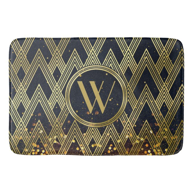 Art Deco Gatsby Glamour Geometric Pattern Monogram Bathroom Mat (Front)
