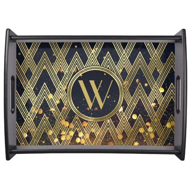 Art Deco Gatsby Glamour Geometric Pattern Monogram Serving Tray (Front)