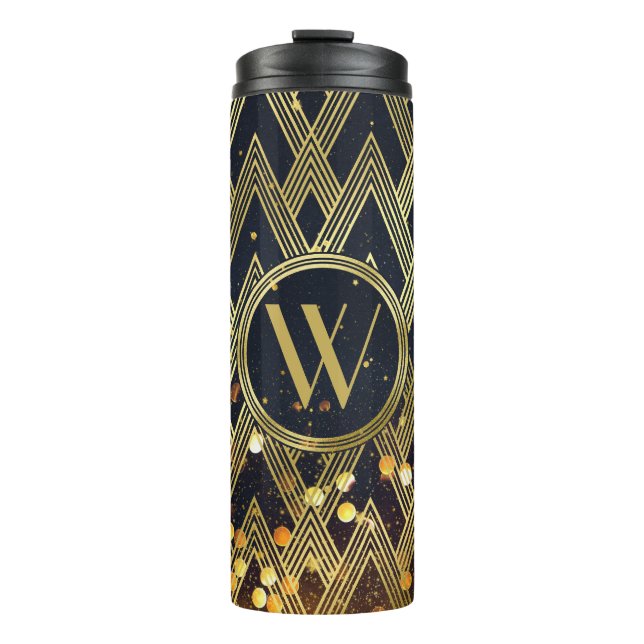 Art Deco Gatsby Glamour Geometric Pattern Monogram Thermal Tumbler (Front)