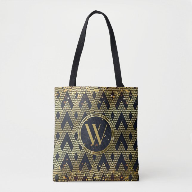 Art Deco Gatsby Glamour Geometric Pattern Monogram Tote Bag (Front)