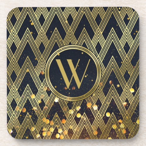 Art Deco Gatsby Glitter Geometric Pattern Monogram Coaster