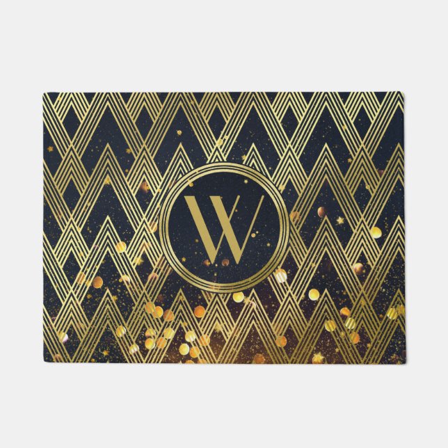 Art Deco Gatsby Glitter Geometric Pattern Monogram Doormat (Front)