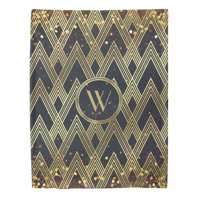 Art Deco Gatsby Glitter Geometric Pattern Monogram Duvet Cover (Front)