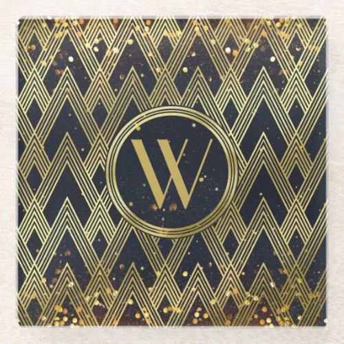 Art Deco Gatsby Glitter Geometric Pattern Monogram Glass Coaster