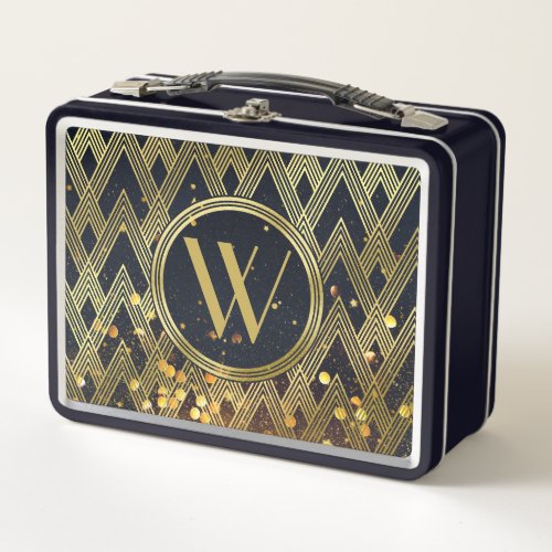 Art Deco Gatsby Glitter Geometric Pattern Monogram Metal Lunch Box