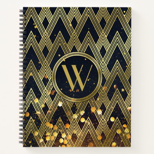 Art Deco Gatsby Glitter Geometric Pattern Monogram Notebook