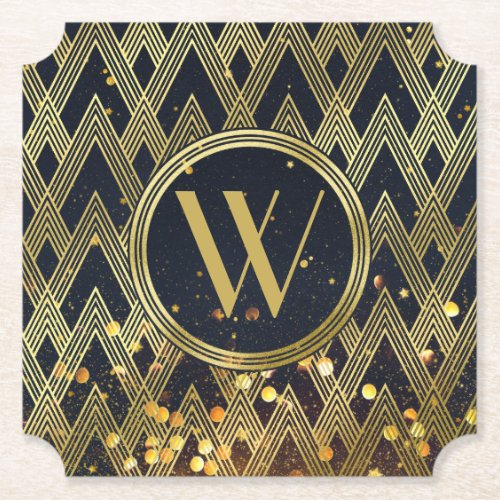 Art Deco Gatsby Glitter Geometric Pattern Monogram Paper Coaster