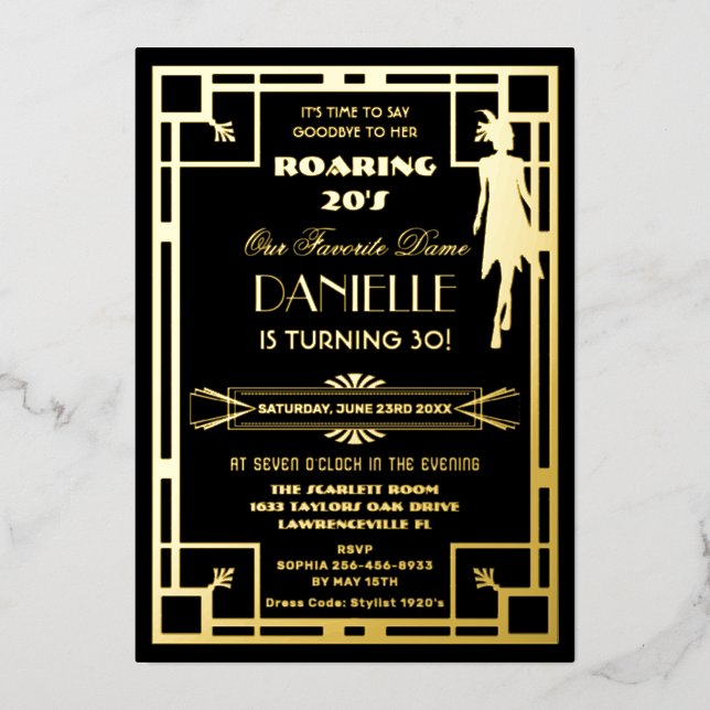 Art Deco Gatsby Roaring 20s 30th Birthday Real Foil Invitation (Front)