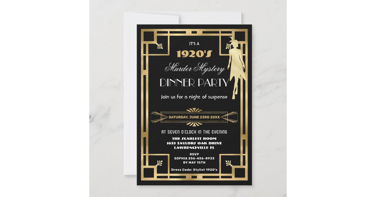 1920s Murder Mystery Dinner Invitation Party Birthday Invite 