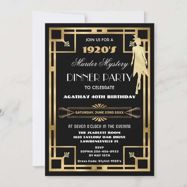 Art Deco Gatsby Roaring 20s Murder Mystery Party Invitation (Front)